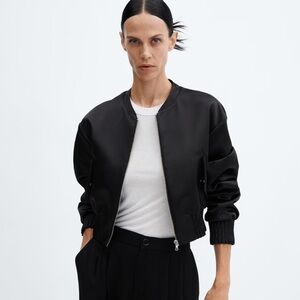 Mango NWT! Cropped Satin Bomber Jacket in Black.